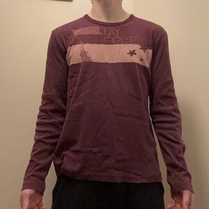 Men's Burgundy Long Sleeve Shirt with Graphic Design